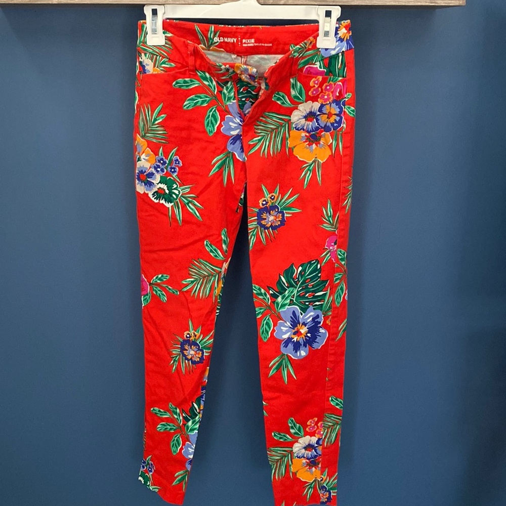 Old Navy bright red floral pants